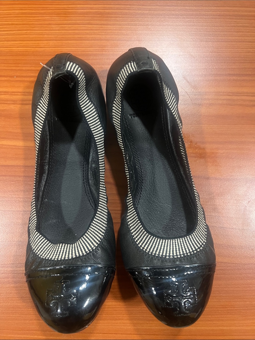 Tory Burch Black Leather Ballet Flats with Cream Stripe Trim